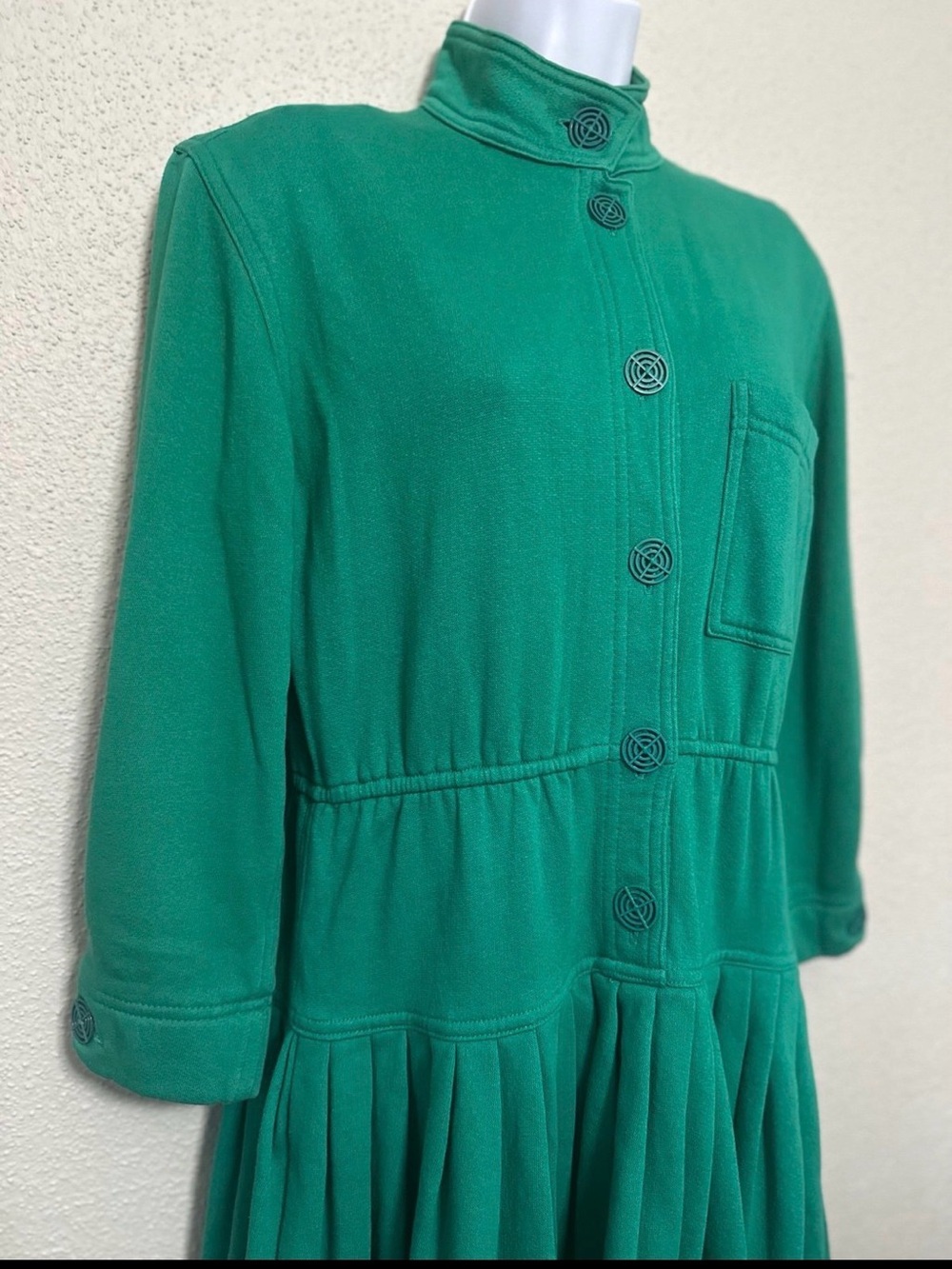VTG Gene Ewing BIS Green Cotton Fleece Drop Waist Midi Dress Made in USA P